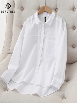 Средняя длина хлопковые белые рубашки Женщины с отложным воротником С длинным рукавом на пуговицах Топы Свободная блузка для девочек Весна Осень Новый T37508JM