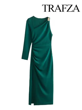 TRAFZA Новая мода Женское плиссированное вечернее платье с длинным рукавом и боковым разрезом Ретро Асимметричное женское платье миди на одно плечо Y2K