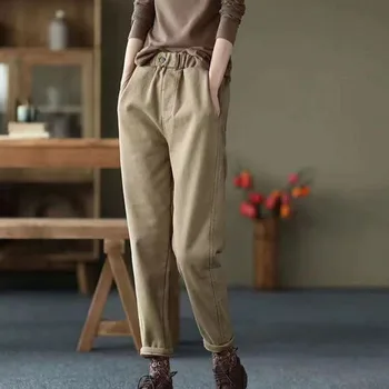 2023 Новые осенне-зимние женские модные брюки Повседневные свободные простые эластичные брюки Шаровары Тонкие плюшевые теплые брюки с высокой талией