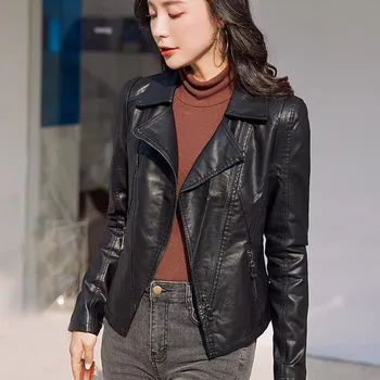 Женское черное кожаное пальто 2023 Весна и осень Новая тонкая короткая кожаная куртка Женская одежда