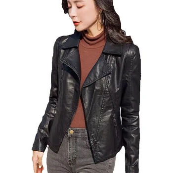 Женское черное кожаное пальто 2023 Весна и осень Новая тонкая короткая кожаная куртка Женская одежда