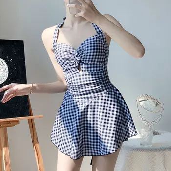 сексуальный корейский модный купальник цельный клетчатый мини-платье-бабочка без рукавов бикини с мягкой подкладкой