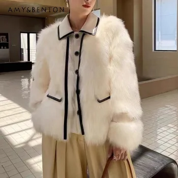 французский темперамент элегантный лоскутный цвет имитация лисьего меха шуба женская зима новая свободная однобортная светская куртка женщины