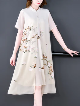 2023 Белый цветочный шифон Поддельное платье миди из двух частей Женщины Высокое качество Элегантное платье Cheongsam Летнее модное легкое повседневное платье