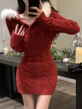 Рождественский красный элегантный новый свитер женский тонкий мех пэчворк с капюшоном трикотажное платье женское корейское модное повседневное теплое платье 2024