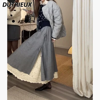Новый шерстяной кружевной кружевной юбка средней длины в японском стиле Женские свободные повседневные длинные серые юбки-зонтики 2023 осень-зима Faldas