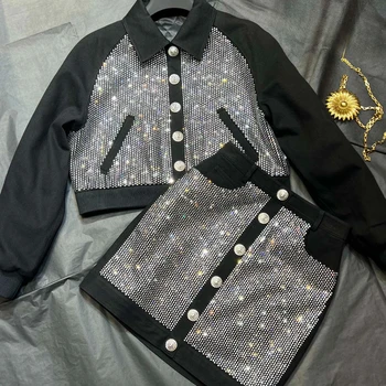 Diamonds Комплекты из двух частей Куртка с длинным рукавом Хлопковое пальто Осень Зима Новые поступления 2023 Женские подиумные мини-юбки Костюмы