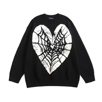 Spider Web Сердце Knit Dark Academia Черные готические свитера для женщин Девушка Ленивец Зима Гранж Одежда Трикотаж Пуловеры Уличная одежда