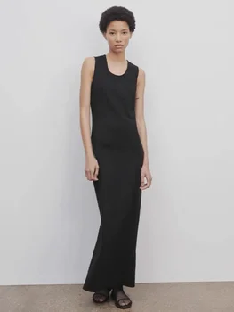 Row Новое весенне-летнее платье без рукавов в стиле черного длинного прямого платья с U-образным вырезом с тонкой талией