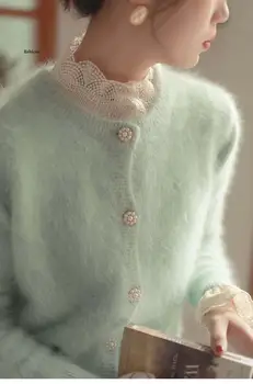 Новая мода Женский вязаный свитер с V-образным вырезом Кардиган Полый кружевной Строчка Однобортный трикотаж Короткое пальто Топ