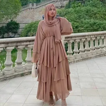 Мода Вышивка Мусульманское Платье Женщины Трехслойный Шифон Элегантный Абая Рамадан Кардиган Хиджаб Марокаин Платье Халат