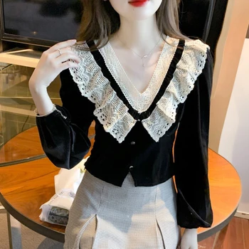 корейский стиль осень весна женщины черная короткая бархатная блузка с V-образным вырезом кружевные оборки женственный шик женская элегантная рубашка