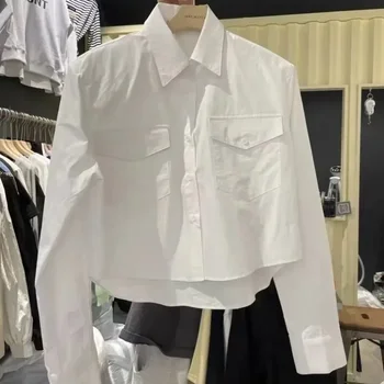Укороченные топы Белая модная блузка с длинным рукавом для женщин 2023 Blusas Mujer De Moda Однобортные повседневные свободные корейские рубашки Y2k