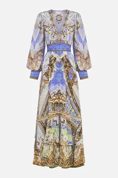 Женское шелковое платье с шелковым принтом Модное макси-платье с высокой талией и V-образным вырезом