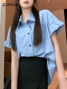 CJFHJE Корейская модная блузка с коротким рукавом Женская летняя белая свободная повседневная рубашка женские однобортные синие блузки на пуговицах
