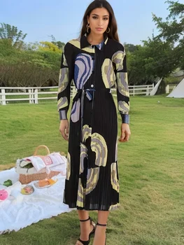 Miyake Fashion Designer Печать плиссированное платье для женщин 2024 Новый контрастный цвет Однобортный пояс Присборенные платья на талии