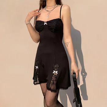 Черный Готический Стиль Лолиты Мини А-силуэт Платье для женщин Кружевная отделка Без рукавов Платья с V-образным вырезом и бантом Y2K Эстетическая одежда в стиле гранж