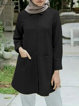ZANZEA Женская мода Ид Мубарек Мусульманская блузка Женщина Лацкан Шея Рубашка с длинным рукавом Элегантная вечеринка Сорочка Исламская одежда 2023