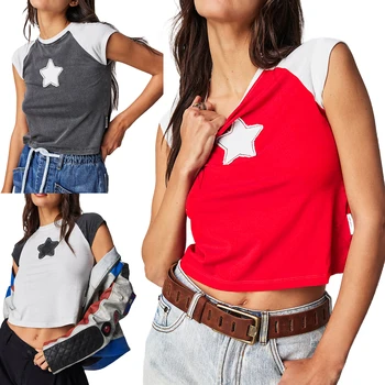 Летняя женская мода Базовые укороченные топы Винтажные футболки с коротким рукавом с рисунком звезды для уличной одежды в стиле гранж