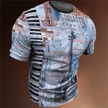  Мужская футболка с гитарой в стиле ретро, летняя одежда оверсайз с короткими рукавами, напечатанная на 3D-принтере, тенденция уличной моды, удобная и универсальная