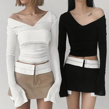 Шикарные женские элегантные укороченные топы Корейская винтажная футболка с длинным рукавом Элегантная футболка с V-образным вырезом Slim Fit Tees Fairycore Grunge Y2K Симпатичная одежда