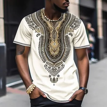 Африканский принт Мужские футболки Летняя мужская одежда Футболка Хип-хоп Этнический стиль Рубашки Топы Повседневные мужские футболки с коротким рукавом O-образным вырезом