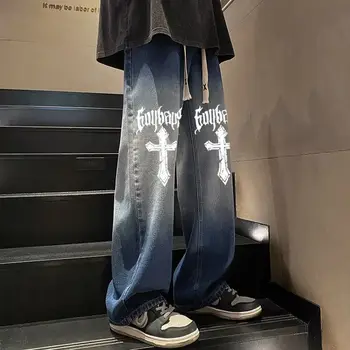Модные джинсы с высокой талией и градиентным цветом для мужчин, свободный крой Винтажные брюки Cross Dark Series Хип-хоп Уличная одежда Мужчины Мешковатые брюки