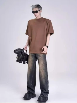 Джинсы с высокой талией Мужчины Широкие штанины Свободный Американский Отбеленный Осень Необработанный Край Потертый Стиль Преппи Уличная одежда S-3XL Темперамент Ретро