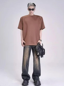Джинсы с высокой талией Мужчины Широкие штанины Свободный Американский Отбеленный Осень Необработанный Край Потертый Стиль Преппи Уличная одежда S-3XL Темперамент Ретро