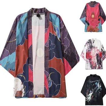 2023 Мужское повседневное свободное кимоно с открытым передним рукавом 3/4 Кимоно Японский стиль с принтом Прикрытие Кимоно Кардиган Мужская одежда Сорочка