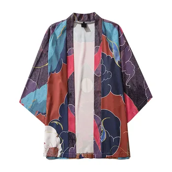 2023 Мужское повседневное свободное кимоно с открытым передним рукавом 3/4 Кимоно Японский стиль с принтом Прикрытие Кимоно Кардиган Мужская одежда Сорочка