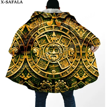 Мексика Ацтекский воин Мексиканский 3D-печать Толстый теплый плащ с капюшоном Мужчины Пальто Ветрозащитный флисовый халат Накидка Одеяло с капюшоном-1