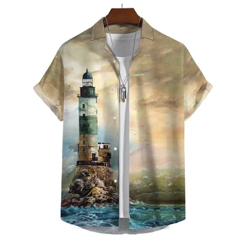 3d Печатная мужская рубашка с коротким рукавом Одежда маяка Свободная рубашка оверсайз Пляжная вечеринка Топ с коротким рукавом Гавайская толстовка