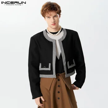 Стильные повседневные топы INCERUN Новые мужские клетчатые куртки с лоскутной текстурой Мужские куртки с двойным карманом и длинными рукавами Пальто S-3XL