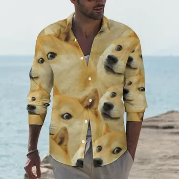 Meme Y2K Повседневная рубашка Мужская рубашка Doge Shiba Inu Весна Ретро Блузки Длинные рукава Графическая одежда оверсайз