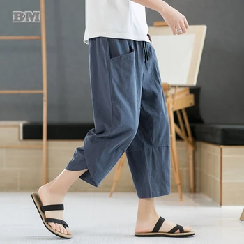 Летние свободные хлопковые льняные укороченные брюки больших размеров мужские 2022 в китайском стиле тонкие повседневные прямые брюки оверсайз мужская одежда