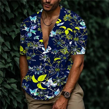 2023 Летние тропические растения Цветы 3D Мужская рубашка с коротким рукавом Пляжный отдых Мужская рубашка