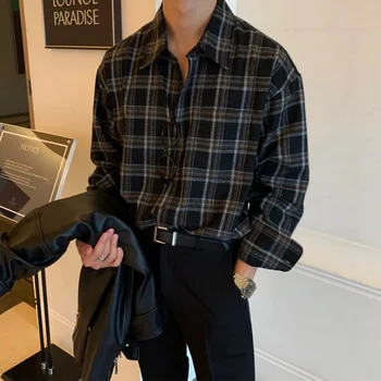 Корейская клетчатая рубашка Мужчины Оверсайз Мода Ретро Повседневная рубашка Мужская уличная рубашка Свободная рубашка с длинными рукавами Мужские черные винтажные рубашки