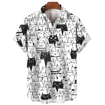  Мужская гавайская рубашка с воротником 3D-печать с коротким рукавом Симпатичная кошка Повседневная для мужчин Винтажная одежда Harajuku Блузка с цветочным принтом