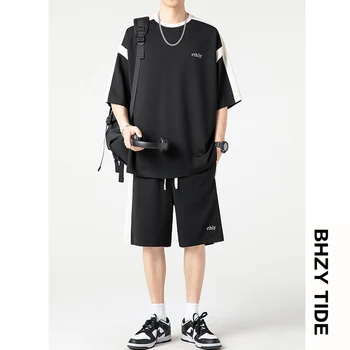 летний мужской костюм большого размера с короткими рукавами корейский уличная повседневная мужская футболка с короткими рукавами + спортивные шорты комплект из двух частей для мужчин