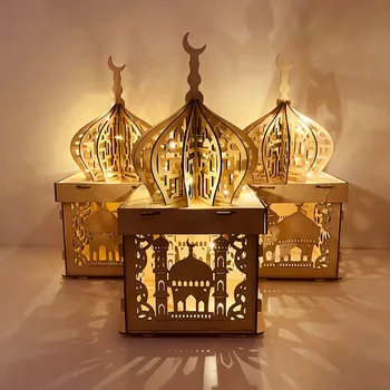 EID Мубарак Деревянный кулон со светодиодными свечами Исламская мусульманская партия Ид Декор Вечеринка Карим Ид Рамадан Украшения для дома