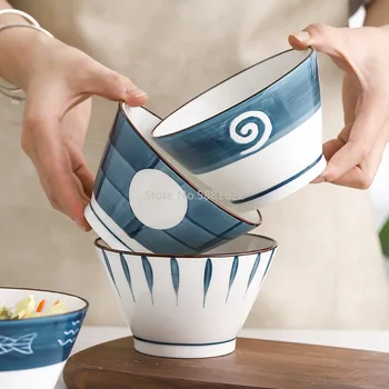Керамическая миска для риса на высоких ножках Японская японская рисовая миска с ручной росписью Креативная подглазурная японская миска для риса 5-дюймовая десертная миска для завтрака