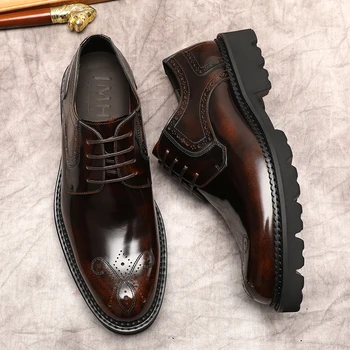 оксфорд мужская социальная обувь натуральная коровья кожа мужская классическая обувь толстый низ черный коричневый на шнуровке свадебные мужчины деловая вечерняя обувь