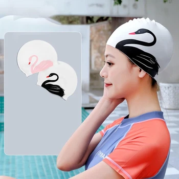  Силиконовая шапочка для плавания с длинными волосами Листья фламинго Напечатанная шапочка для плавания Водонепроницаемая шапочка для плавания для волос Шапочка для купания для женщин и девочек